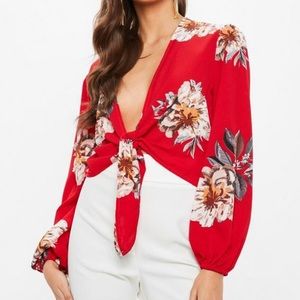 Missguided red floral tie front crop top